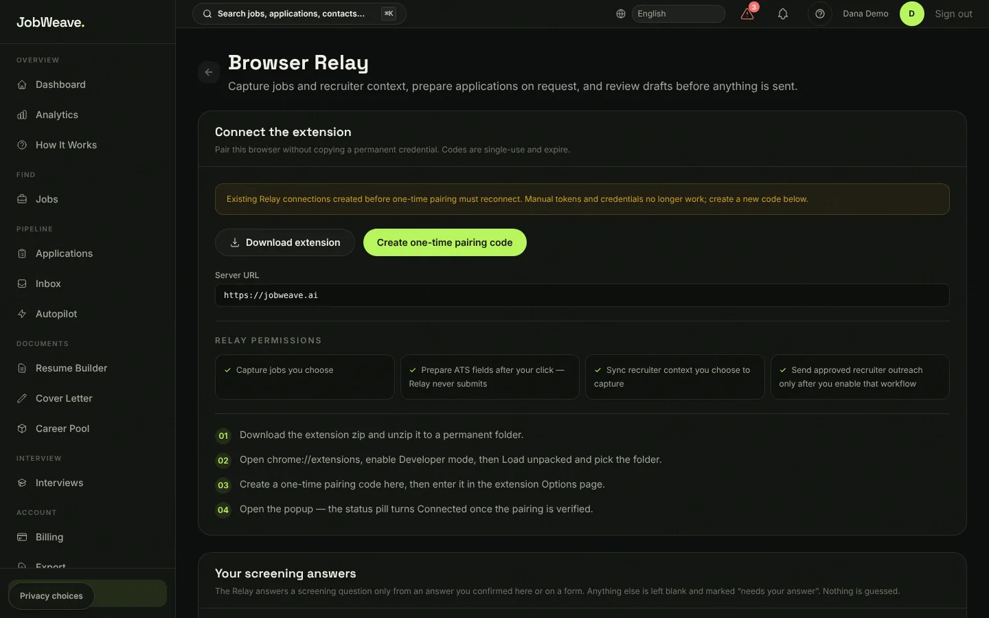 The Browser Relay settings page with Download extension and Create one-time pairing code buttons and four numbered install steps