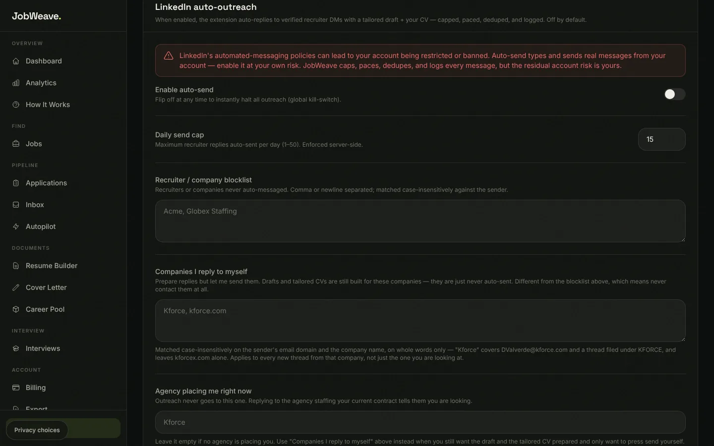 LinkedIn auto-outreach settings with a risk warning, the Enable auto-send switch off, a daily send cap of 15 and blocklist fields