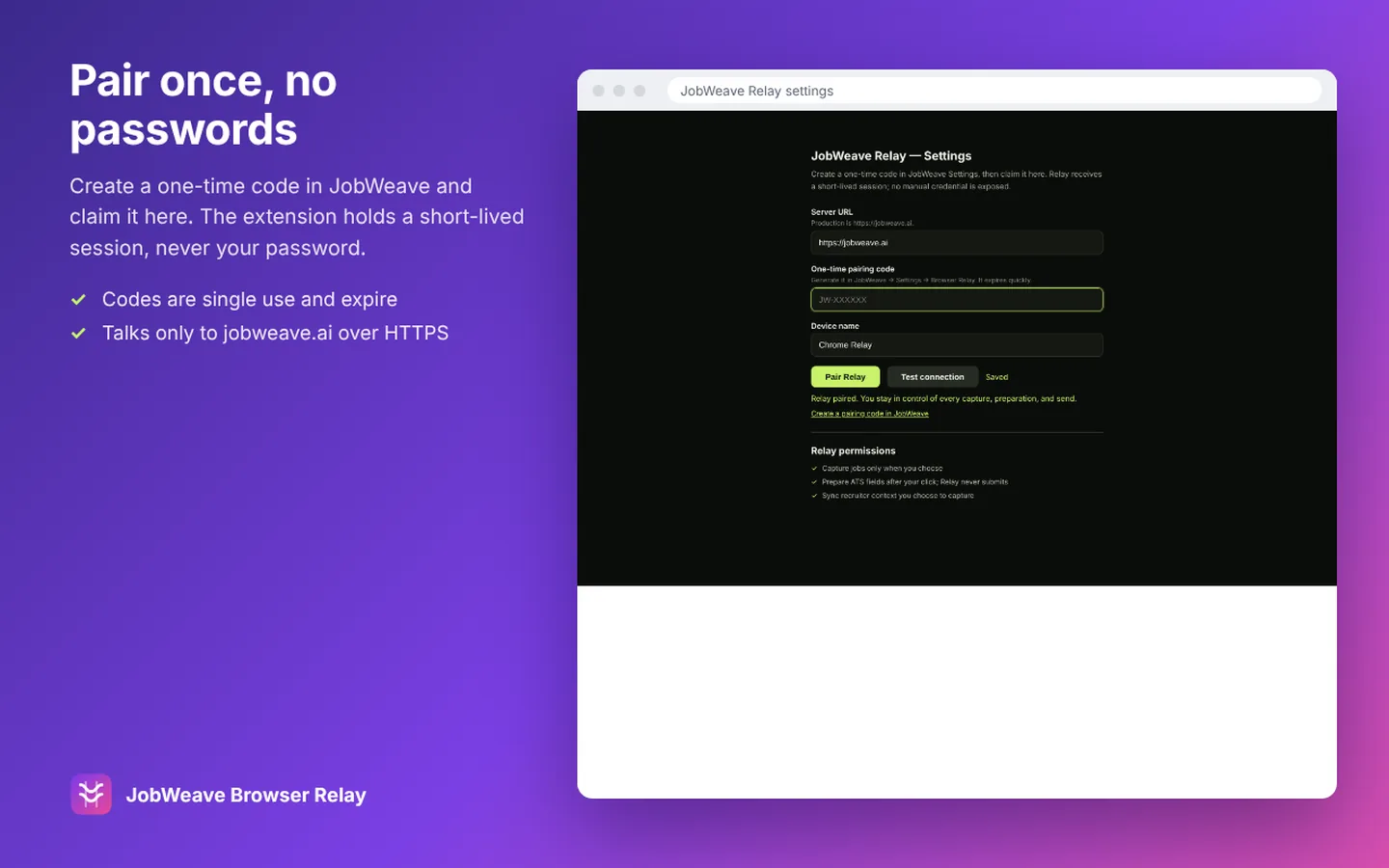 Relay settings in Chrome with a one-time pairing code field and a Pair Relay button