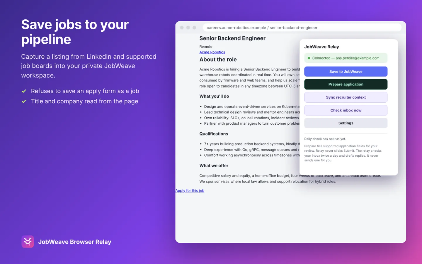 The Relay popup saving a job listing to the JobWeave pipeline