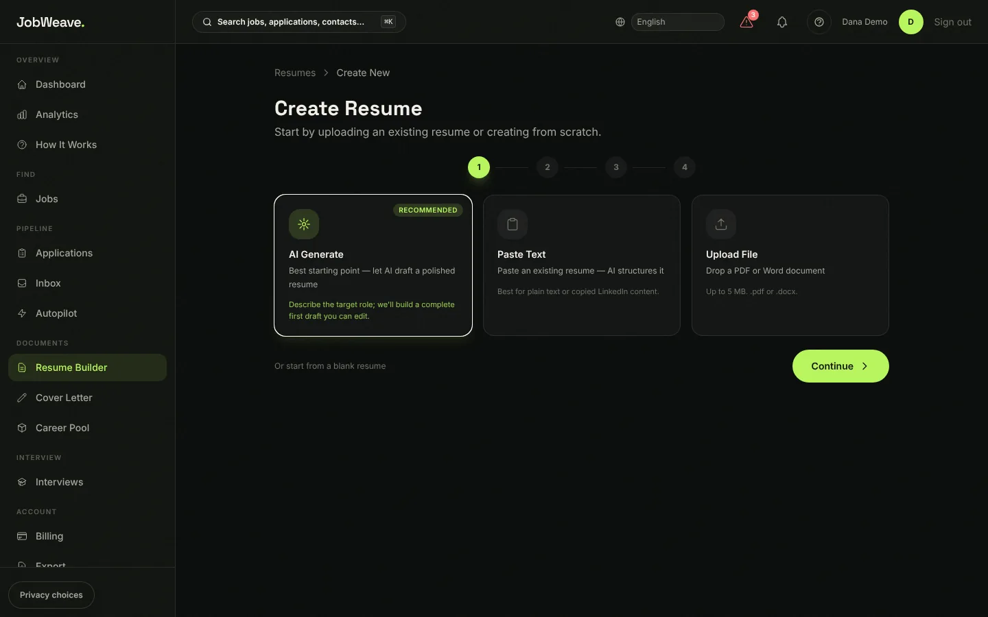 The Create Resume page with three options: AI Generate, Paste Text and Upload File