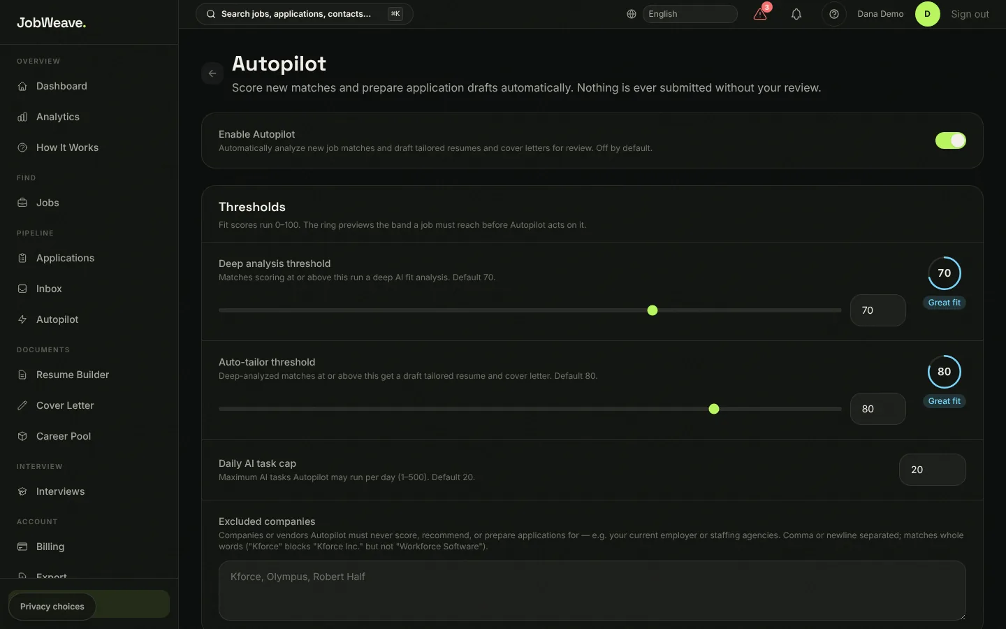 Autopilot settings with the Enable Autopilot switch on, a deep analysis threshold of 70, an auto-tailor threshold of 80 and a daily AI task cap of 20