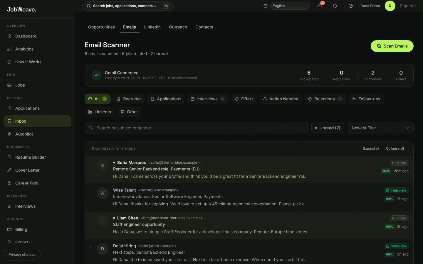 The Emails tab listing recruiter and interview emails with category filters across the top