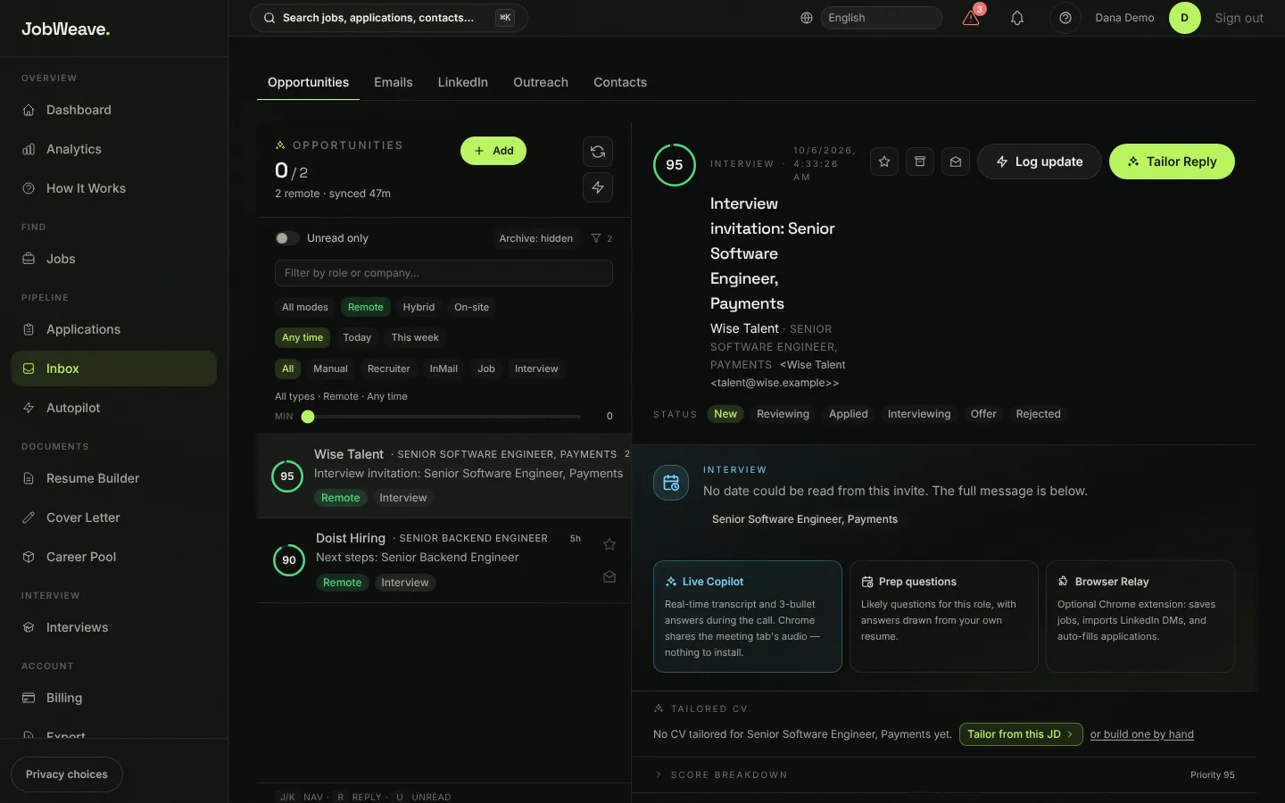 Opportunities list with an interview invitation from Wise opened, showing status buttons, Log update and Tailor Reply
