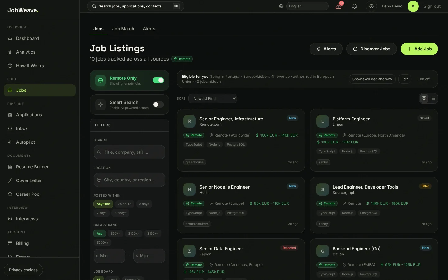 Job Listings page with the Eligible for you bar reading living in Portugal, Europe/Lisbon, 4h overlap, authorized in European Union, 2 jobs hidden