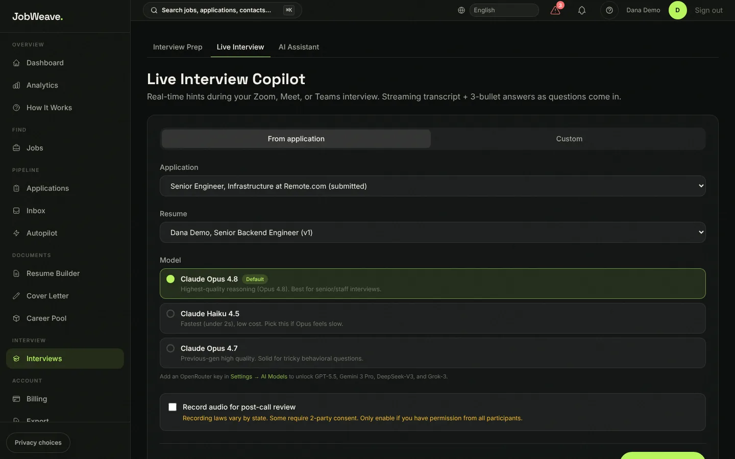 Live Interview Copilot setup choosing an application, a resume and a model