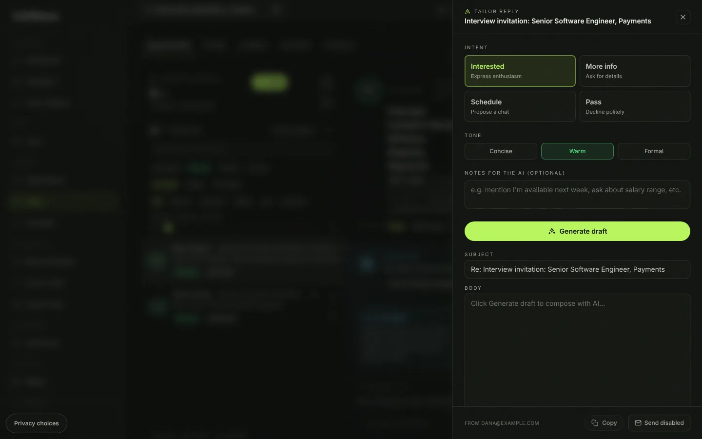 The Tailor Reply drawer with intent options Interested, More info, Schedule and Pass, and tone options Concise, Warm and Formal